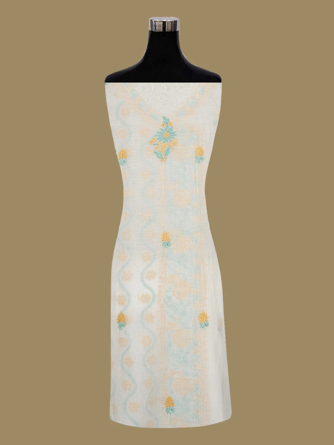 Ada Hand Embroidered White Chanderi Lucknowi Chikankari Unstitched Kurta Dupatta Set 01A682713