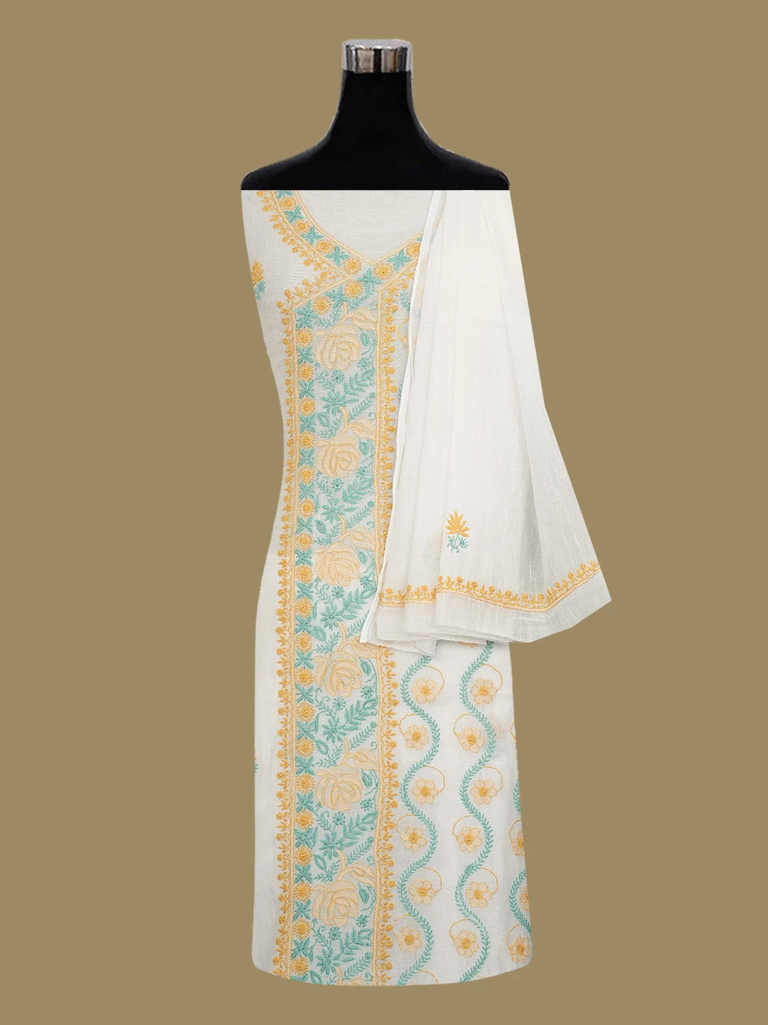 Ada Hand Embroidered White Chanderi Lucknowi Chikankari Unstitched Kurta Dupatta Set 01A682713
