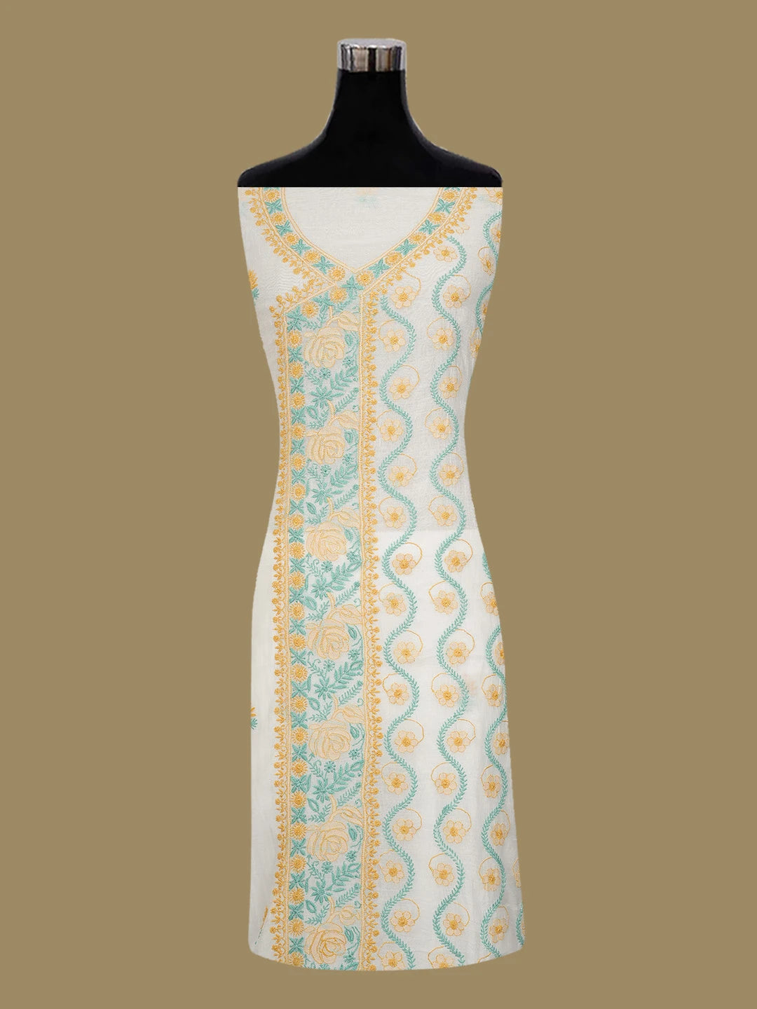 Ada Hand Embroidered White Chanderi Lucknowi Chikankari Unstitched Kurta Dupatta Set 01A682713