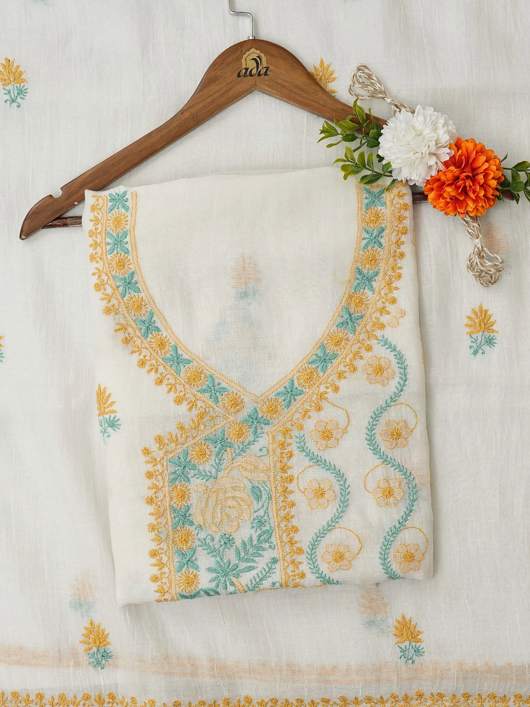 Ada Hand Embroidered White Chanderi Lucknowi Chikankari Unstitched Kurta Dupatta Set 01A682713