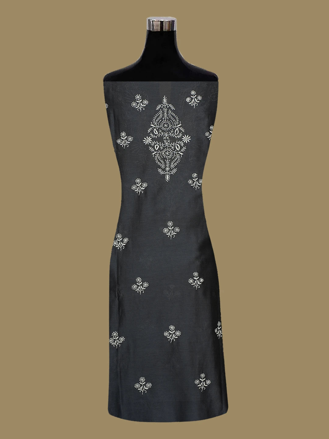 Ada Hand Embroidered Gunmetal Grey Chanderi Lucknowi Chikankari Semi- Stitched Suit Piece With Muqaish Work 01A705025