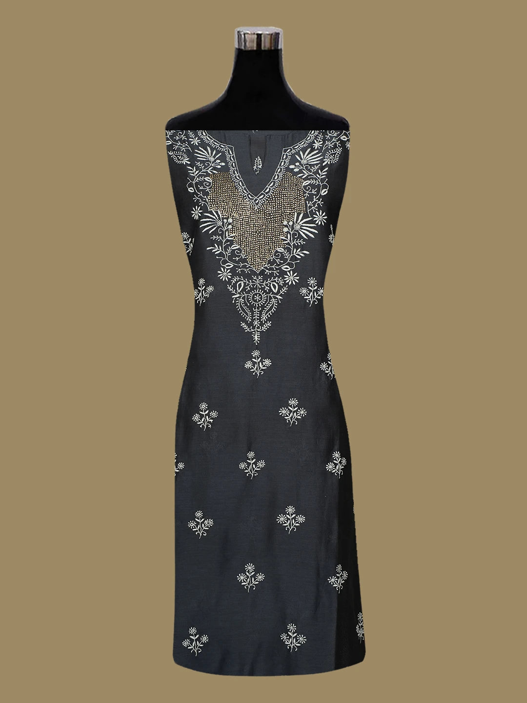 Ada Hand Embroidered Gunmetal Grey Chanderi Lucknowi Chikankari Semi- Stitched Suit Piece With Muqaish Work 01A705025