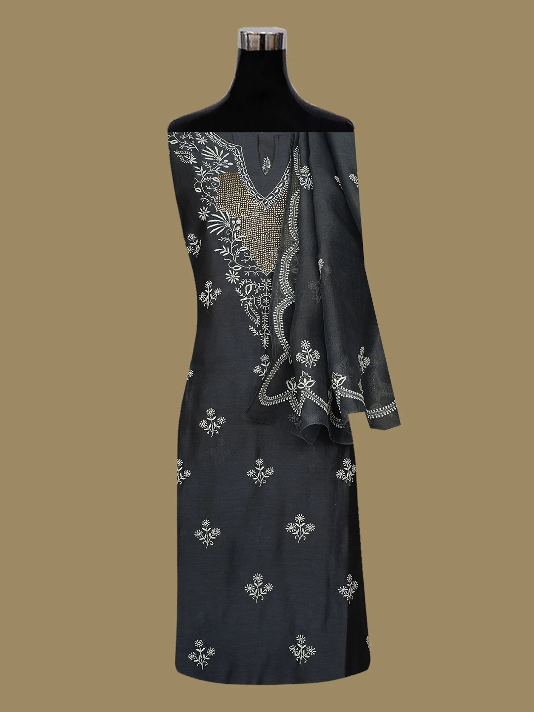 Ada Hand Embroidered Gunmetal Grey Chanderi Lucknowi Chikankari Semi- Stitched Suit Piece With Muqaish Work 01A705025