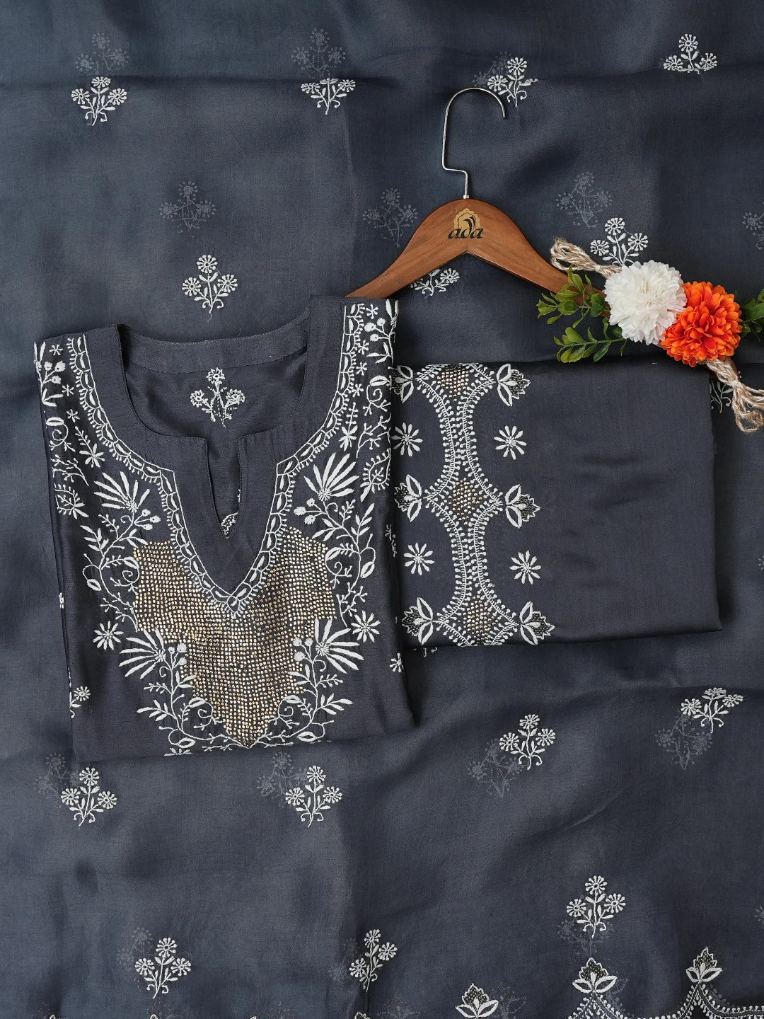 Ada Hand Embroidered Gunmetal Grey Chanderi Lucknowi Chikankari Semi- Stitched Suit Piece With Muqaish Work 01A705025