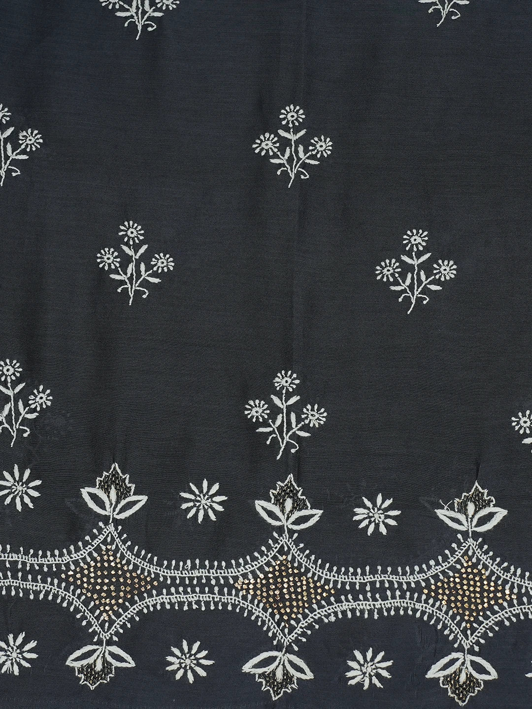 Ada Hand Embroidered Gunmetal Grey Chanderi Lucknowi Chikankari Semi- Stitched Suit Piece With Muqaish Work 01A705025
