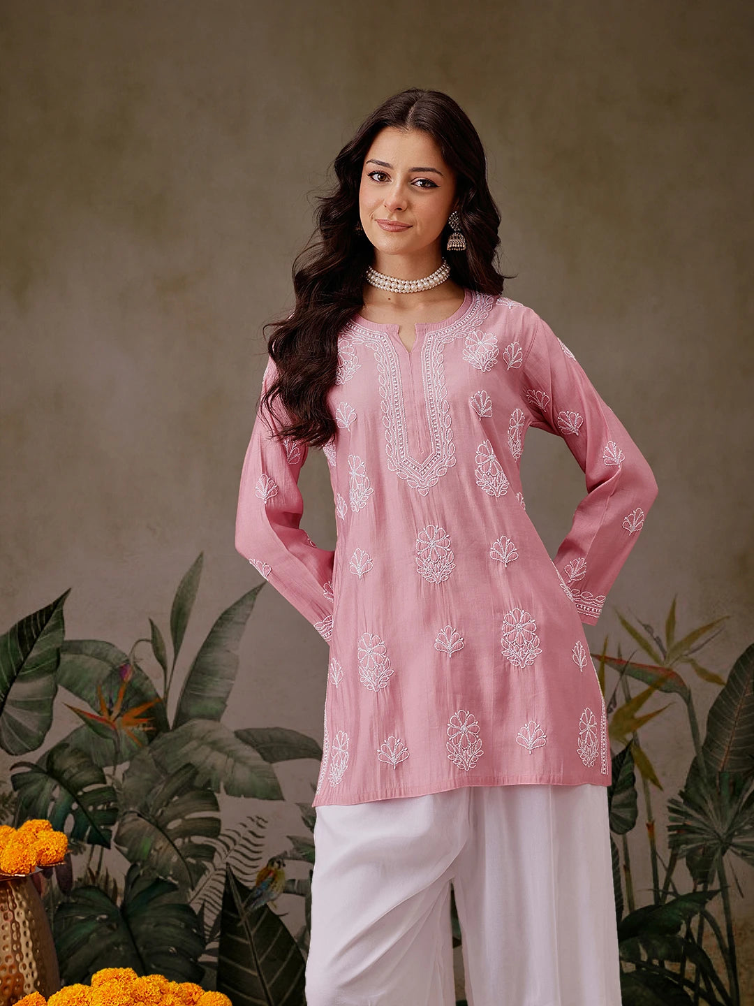 Ada Hand Embroidered Dusty Peach Chanderi Silk Lucknowi Chikankari Short Kurti A911443