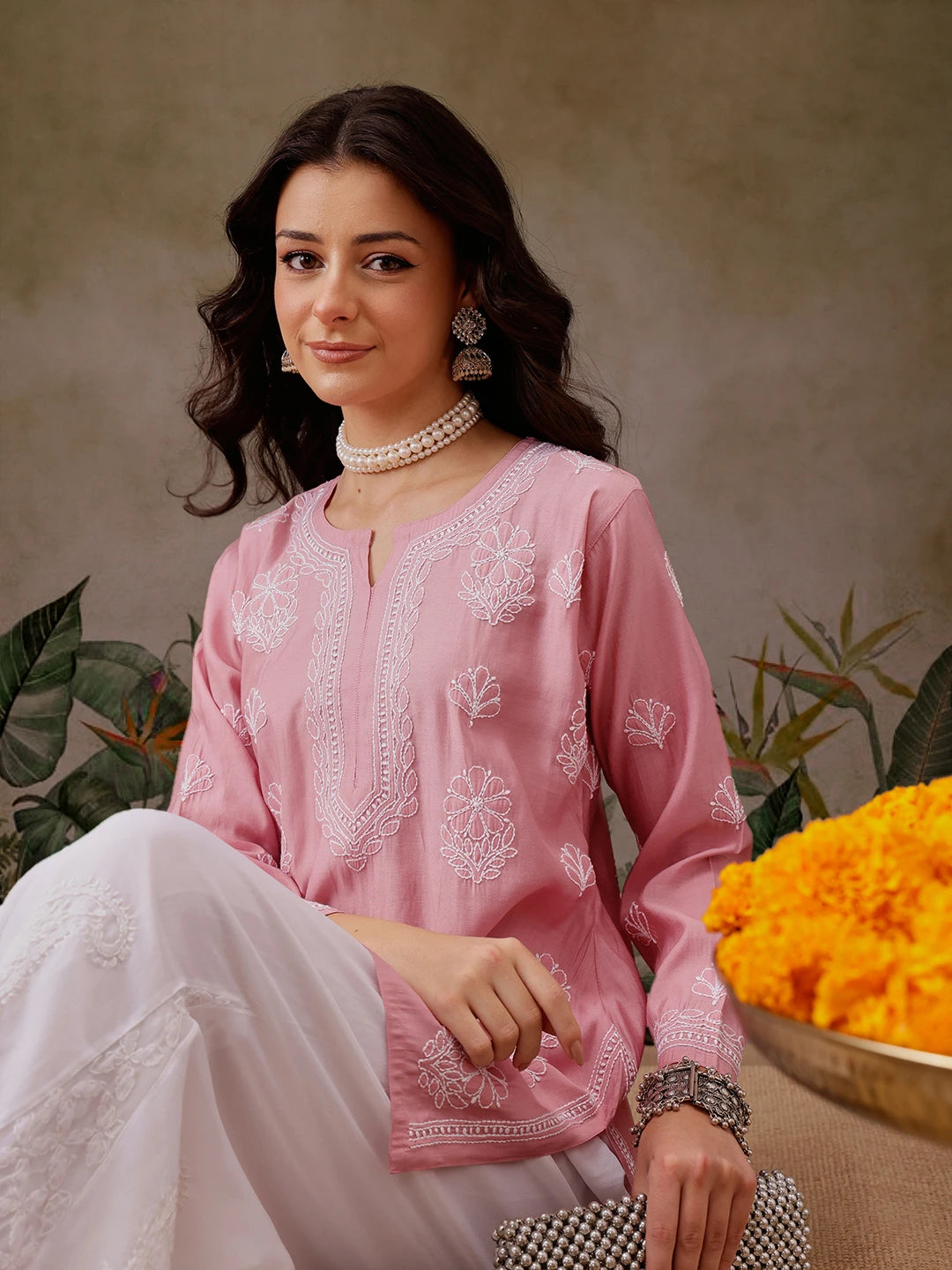 Ada Hand Embroidered Dusty Peach Chanderi Silk Lucknowi Chikankari Short Kurti A911443