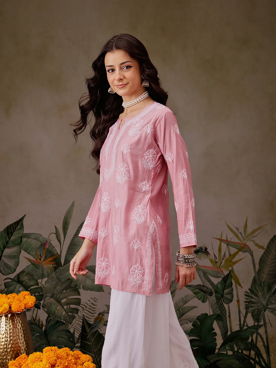 Ada Hand Embroidered Dusty Peach Chanderi Silk Lucknowi Chikankari Short Kurti A911443