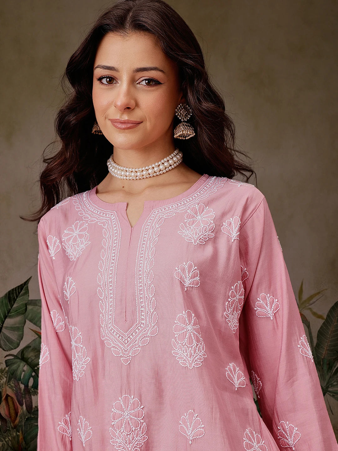 Ada Hand Embroidered Dusty Peach Chanderi Silk Lucknowi Chikankari Short Kurti A911443