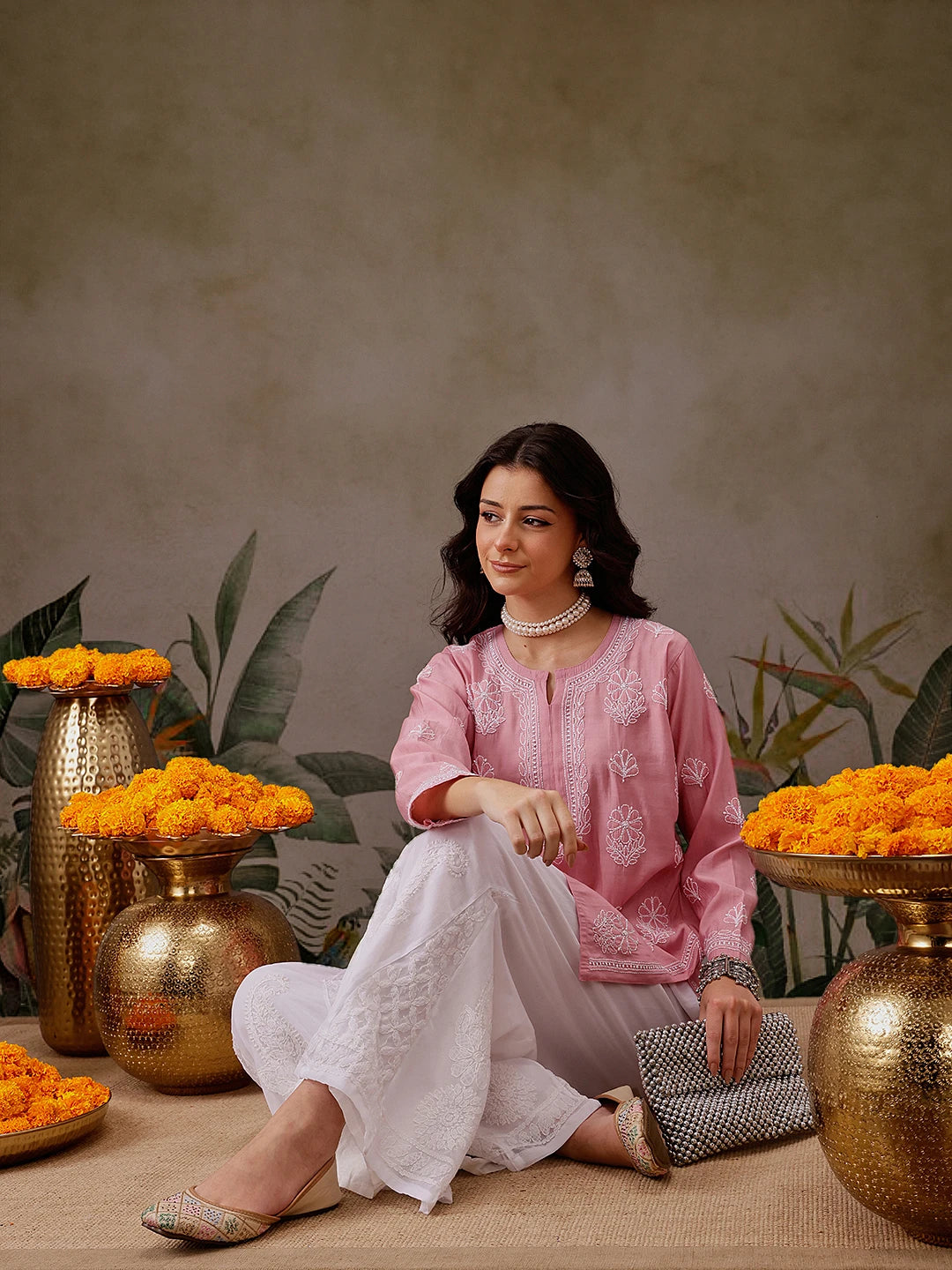 Ada Hand Embroidered Dusty Peach Chanderi Silk Lucknowi Chikankari Short Kurti A911443
