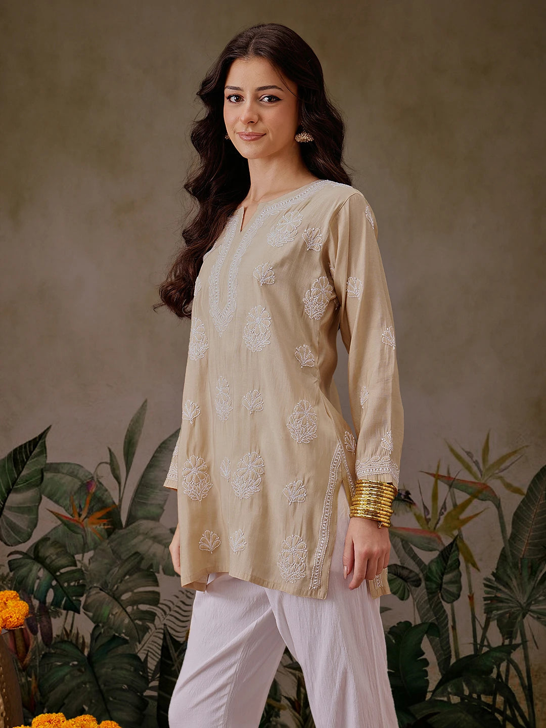 Ada Hand Embroidered Fawn Chanderi Silk Lucknowi Chikankari Short Kurti A911444
