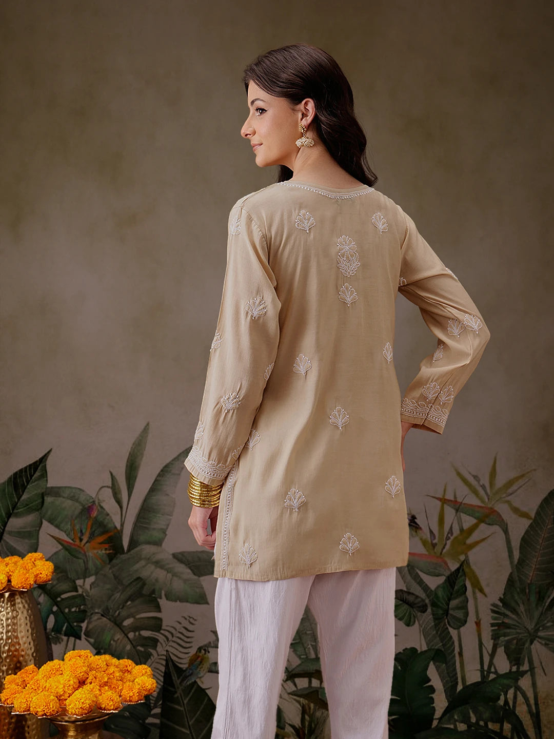 Ada Hand Embroidered Fawn Chanderi Silk Lucknowi Chikankari Short Kurti A911444