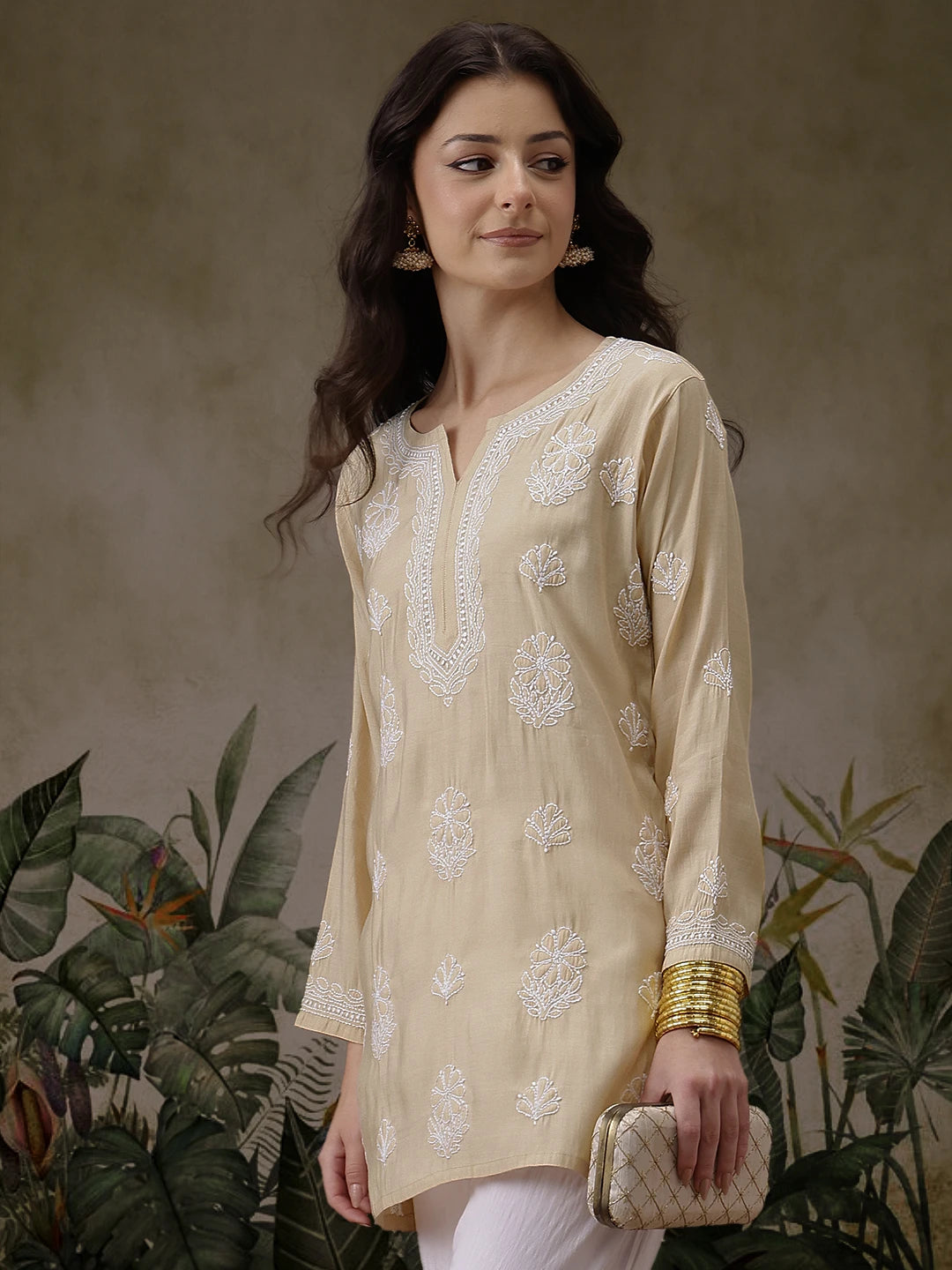 Ada Hand Embroidered Fawn Chanderi Silk Lucknowi Chikankari Short Kurti A911444