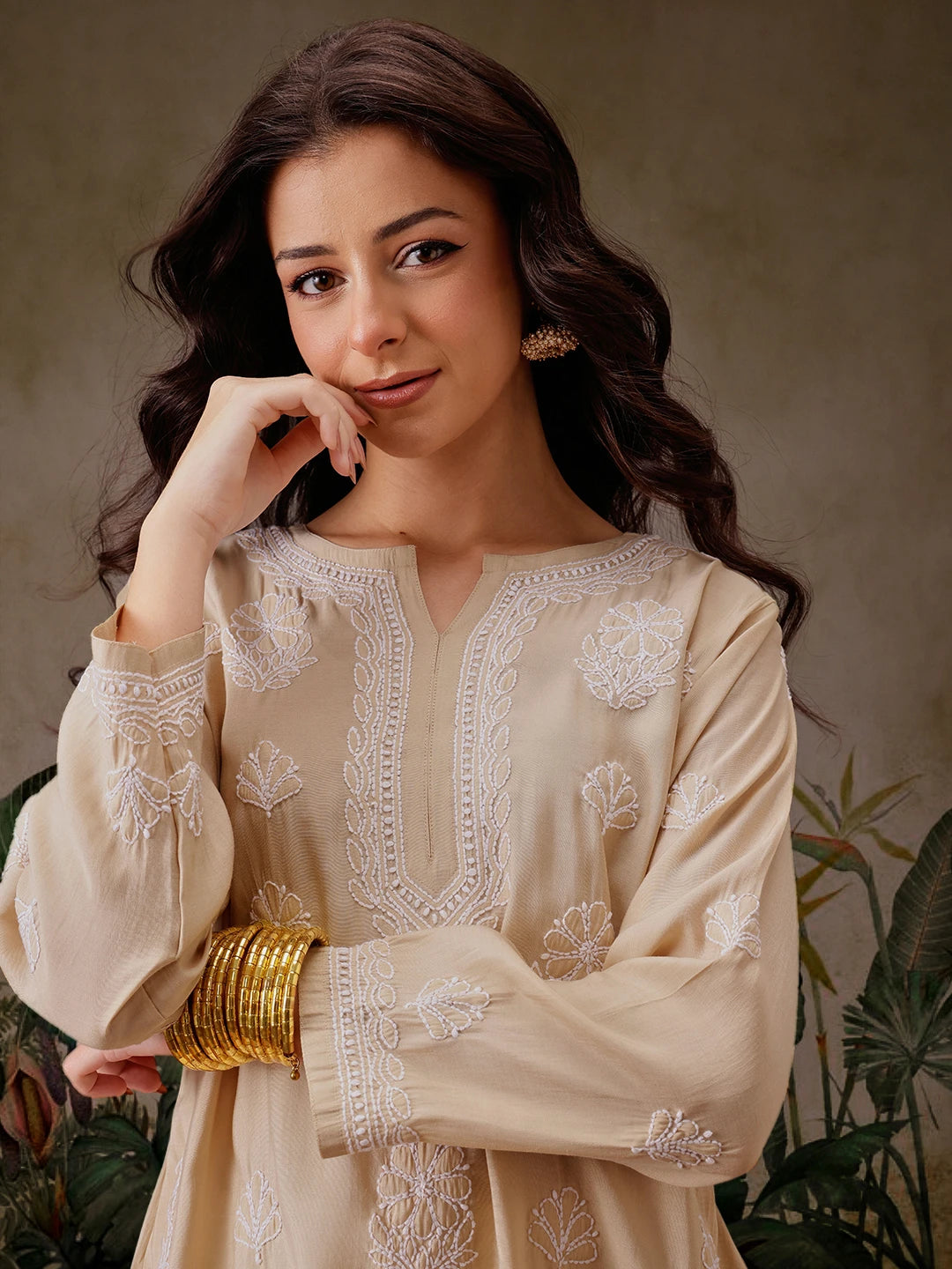 Ada Hand Embroidered Fawn Chanderi Silk Lucknowi Chikankari Short Kurti A911444