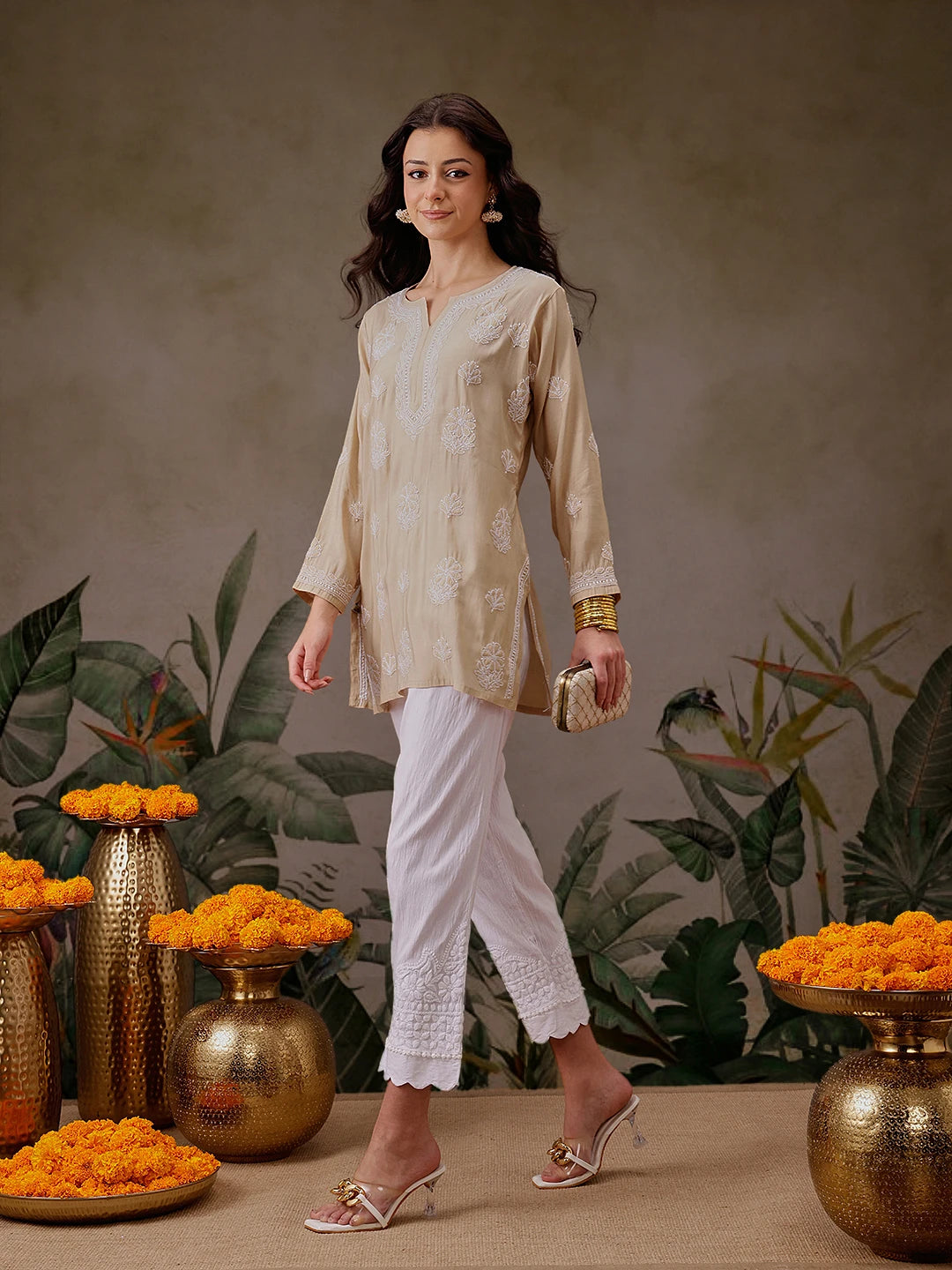 Ada Hand Embroidered Fawn Chanderi Silk Lucknowi Chikankari Short Kurti A911444