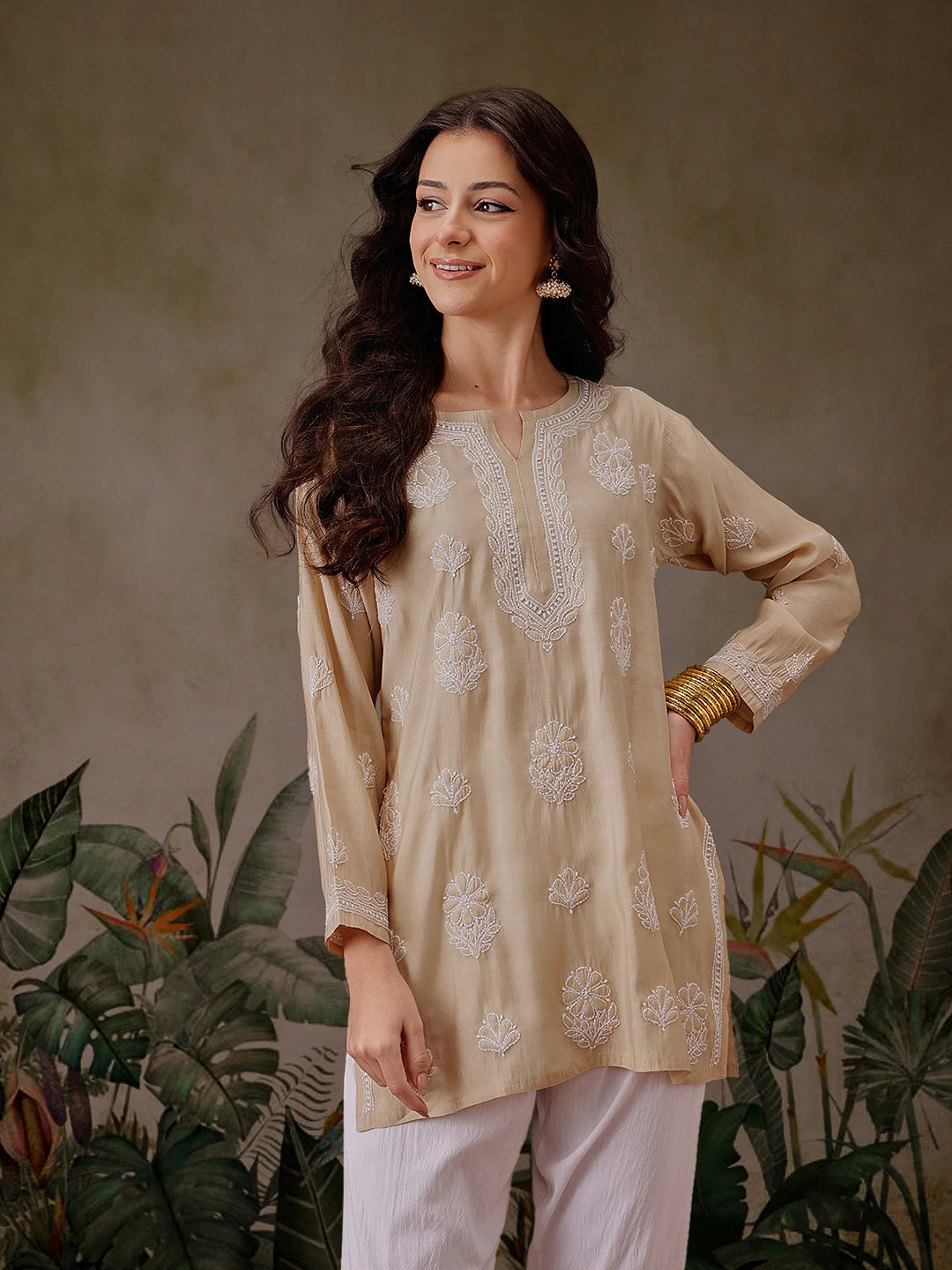 Ada Hand Embroidered Fawn Chanderi Silk Lucknowi Chikankari Short Kurti A911444