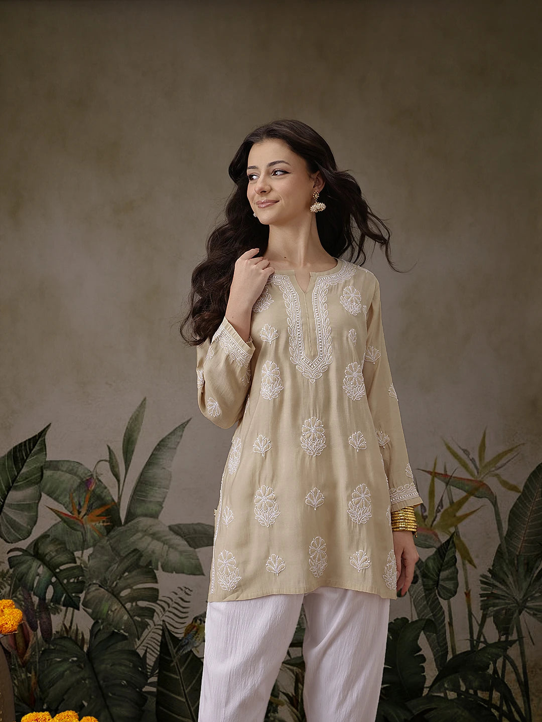 Ada Hand Embroidered Fawn Chanderi Silk Lucknowi Chikankari Short Kurti A911444