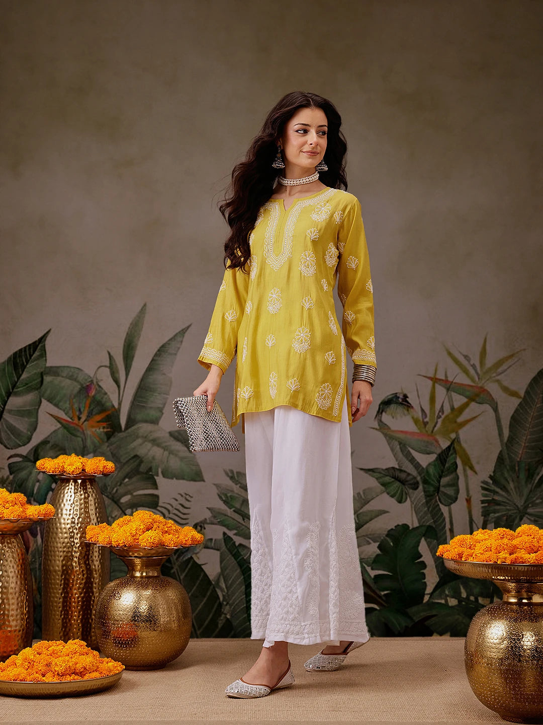 Ada Hand Embroidered Mustard Chanderi Silk Lucknowi Chikankari Short Kurti A911446