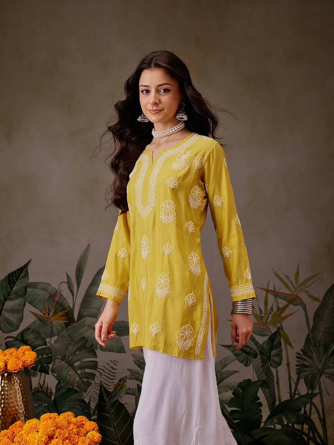 Ada Hand Embroidered Mustard Chanderi Silk Lucknowi Chikankari Short Kurti A911446