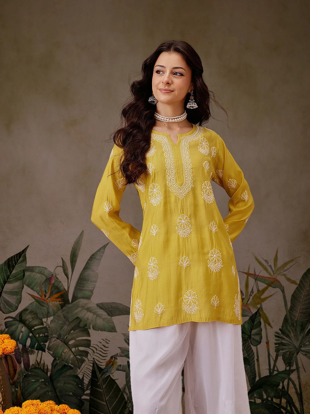 Ada Hand Embroidered Mustard Chanderi Silk Lucknowi Chikankari Short Kurti A911446