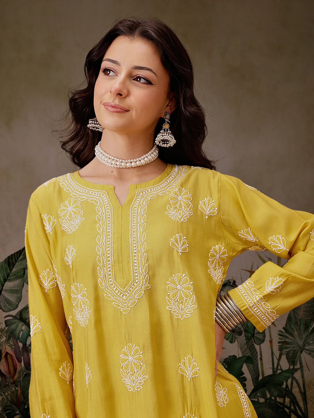 Ada Hand Embroidered Mustard Chanderi Silk Lucknowi Chikankari Short Kurti A911446