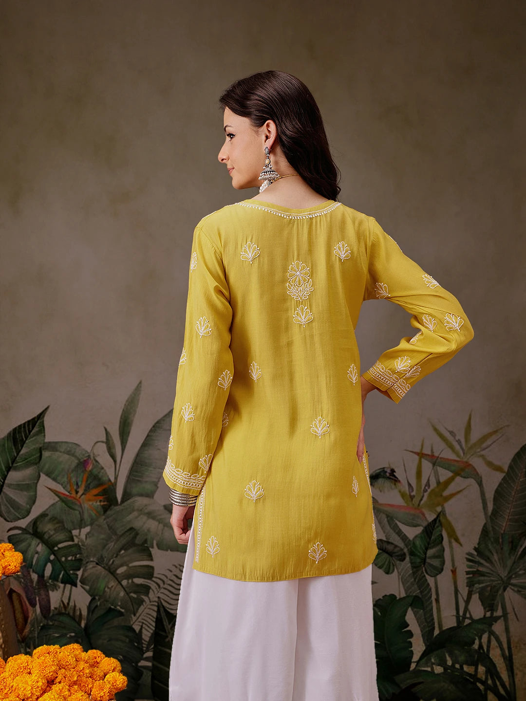 Ada Hand Embroidered Mustard Chanderi Silk Lucknowi Chikankari Short Kurti A911446