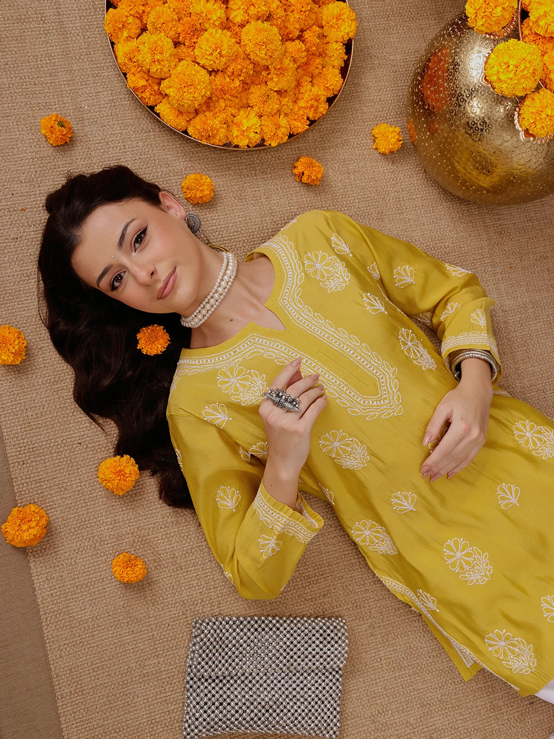Ada Hand Embroidered Mustard Chanderi Silk Lucknowi Chikankari Short Kurti A911446
