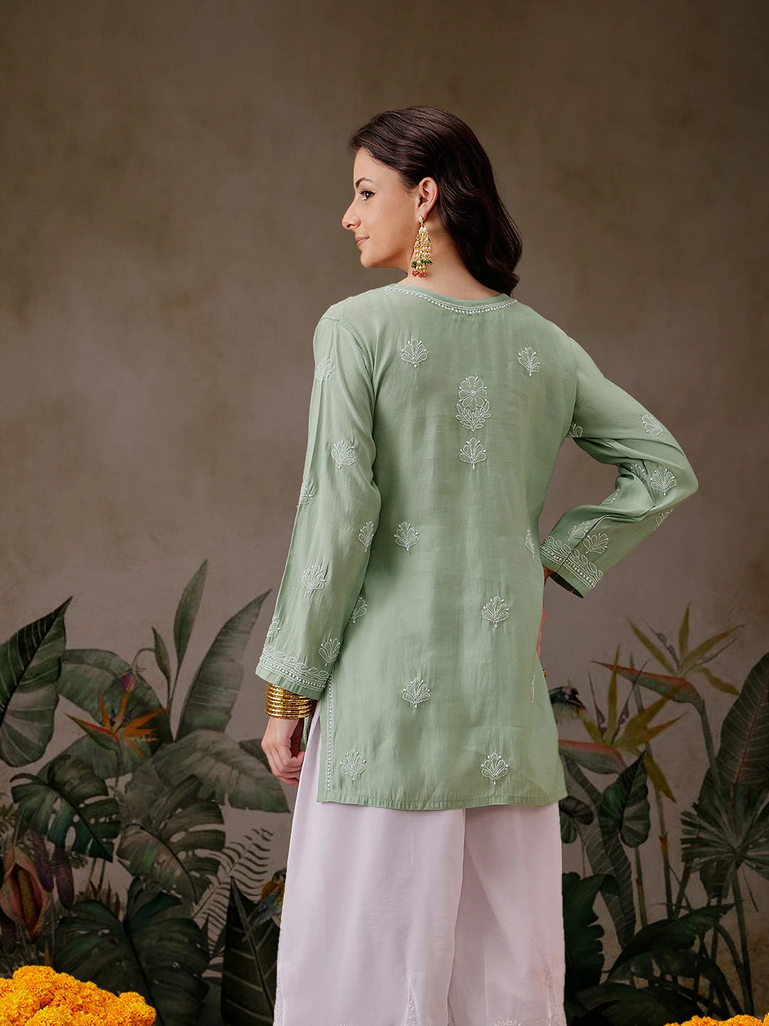 Ada Hand Embroidered Pista Green Chanderi Silk Lucknowi Chikankari Short Kurti A911448
