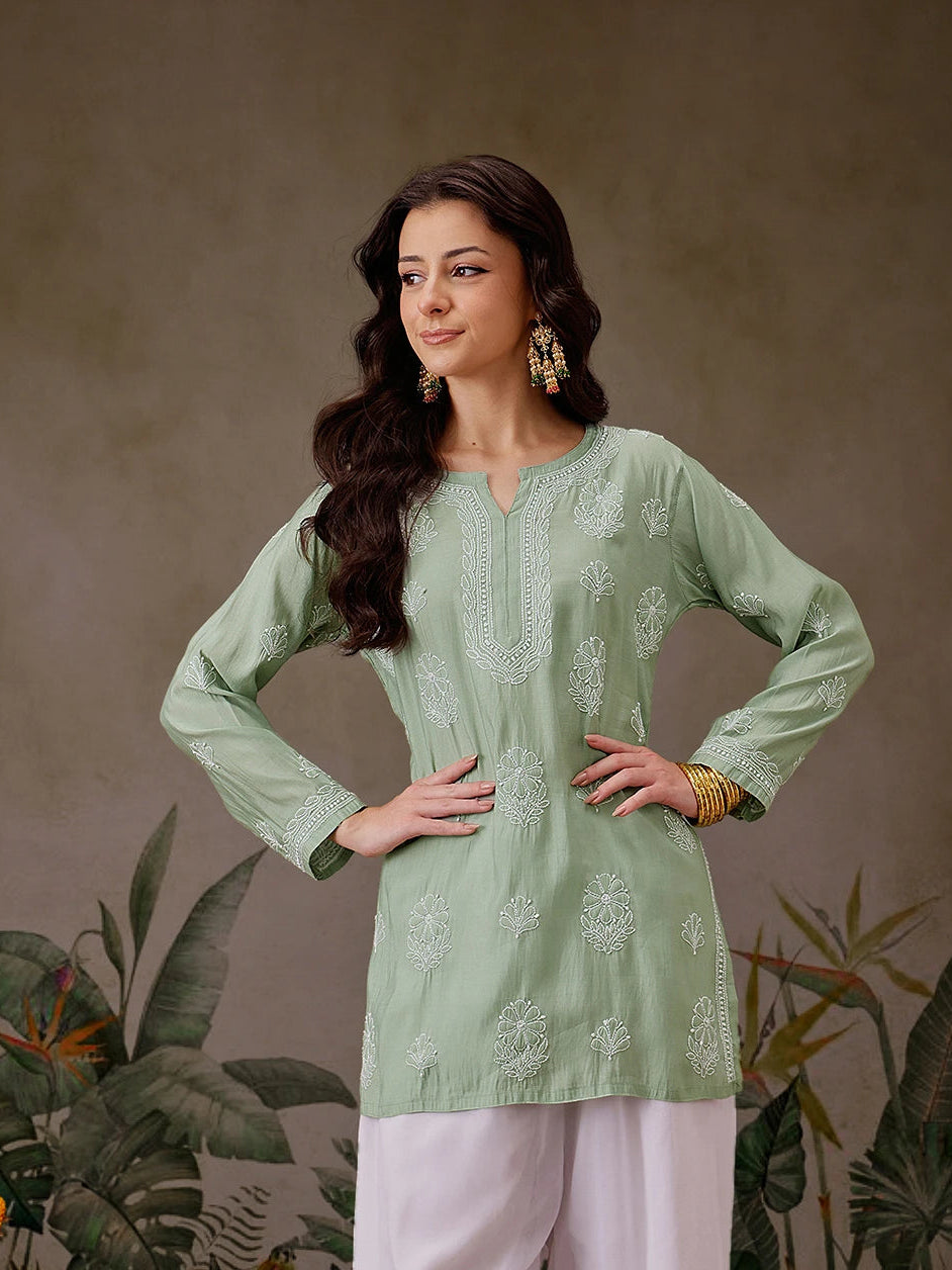 Ada Hand Embroidered Pista Green Chanderi Silk Lucknowi Chikankari Short Kurti A911448