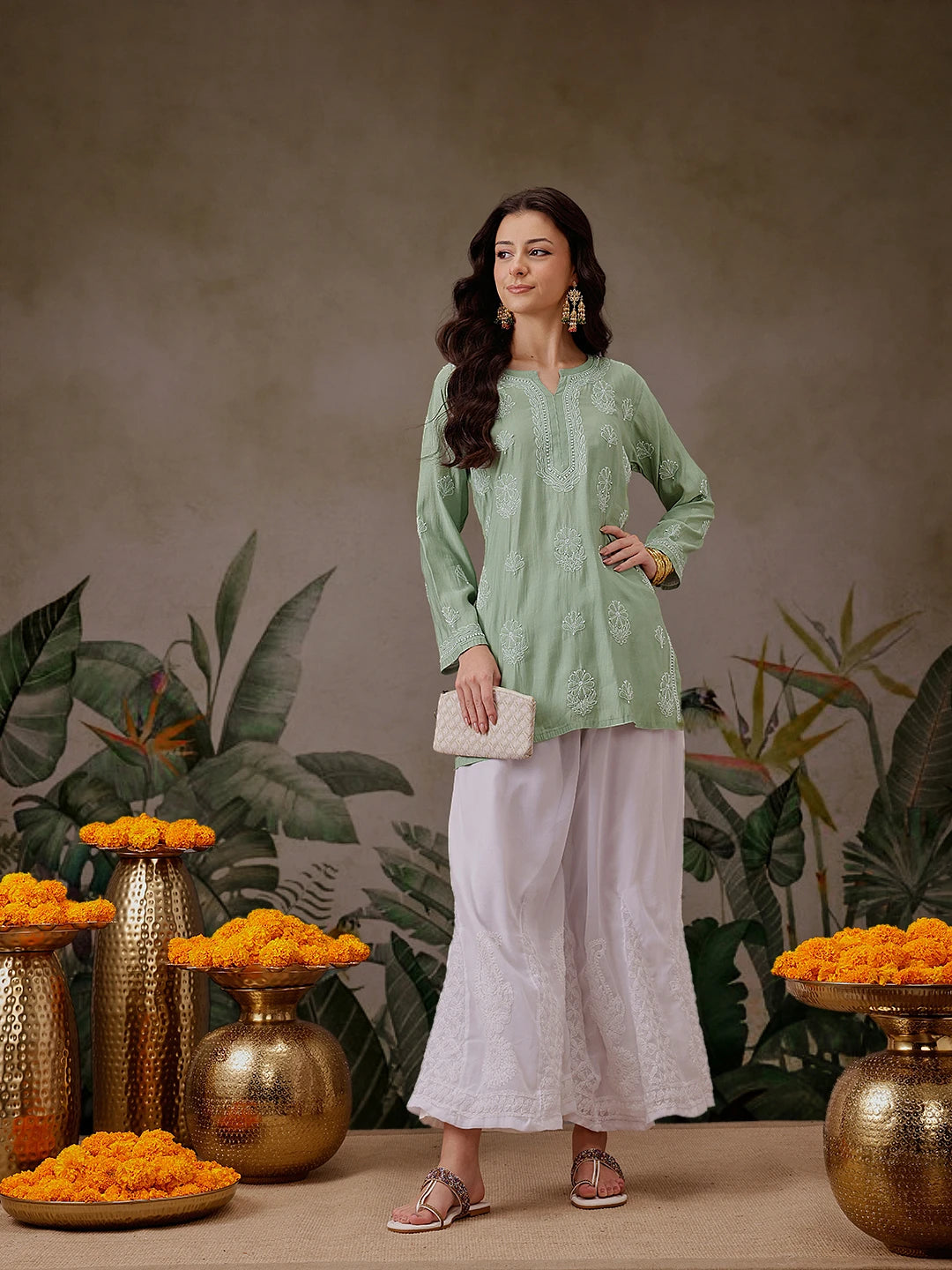 Ada Hand Embroidered Pista Green Chanderi Silk Lucknowi Chikankari Short Kurti A911448