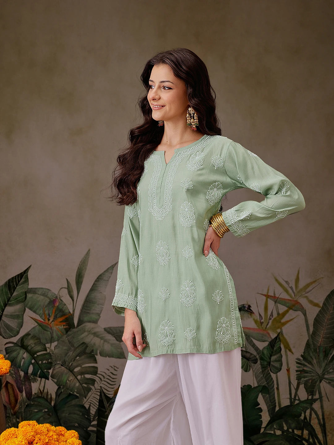 Ada Hand Embroidered Pista Green Chanderi Silk Lucknowi Chikankari Short Kurti A911448