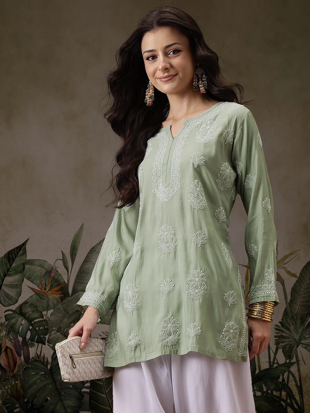 Ada Hand Embroidered Pista Green Chanderi Silk Lucknowi Chikankari Short Kurti A911448