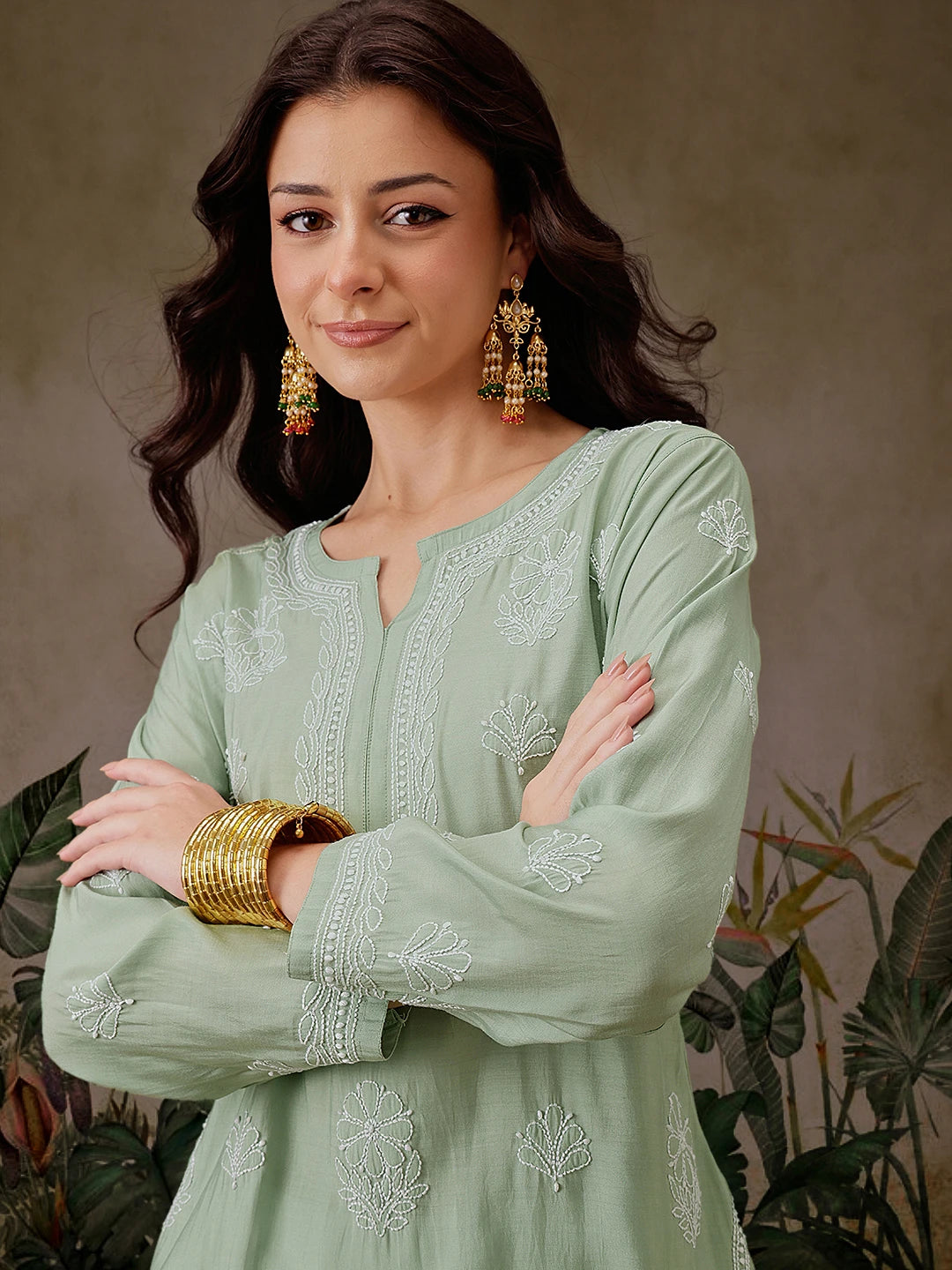 Ada Hand Embroidered Pista Green Chanderi Silk Lucknowi Chikankari Short Kurti A911448