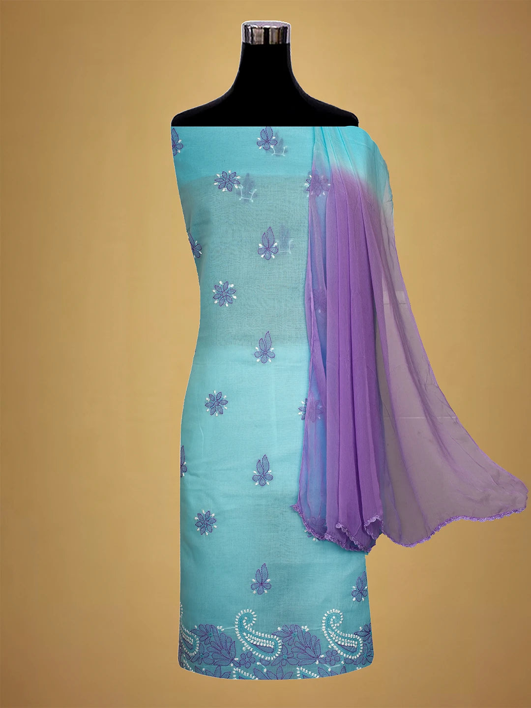 Ada Hand Embroidered Picton Blue Cotton Lucknowi Chikankari Unstitched Suit Piece 01A700448