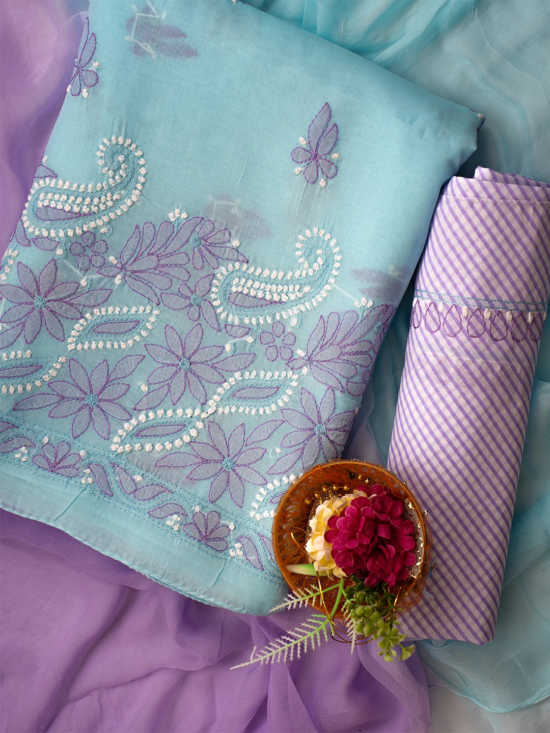 Ada Hand Embroidered Picton Blue Cotton Lucknowi Chikankari Unstitched Suit Piece 01A700448