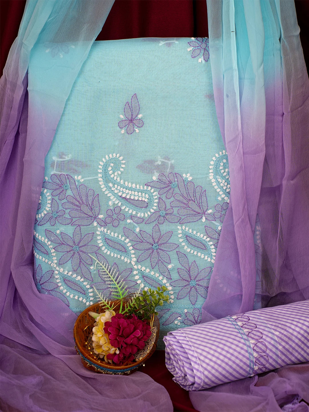 Ada Hand Embroidered Picton Blue Cotton Lucknowi Chikankari Unstitched Suit Piece 01A700448