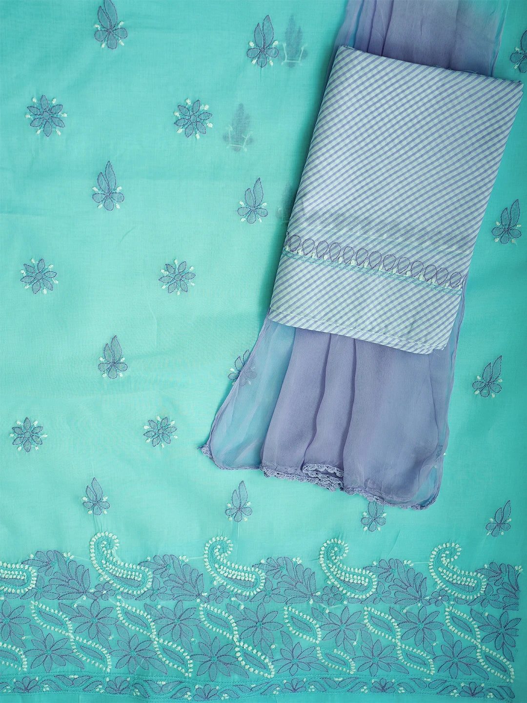 Ada Hand Embroidered Picton Blue Cotton Lucknowi Chikankari Unstitched Suit Piece 01A700448