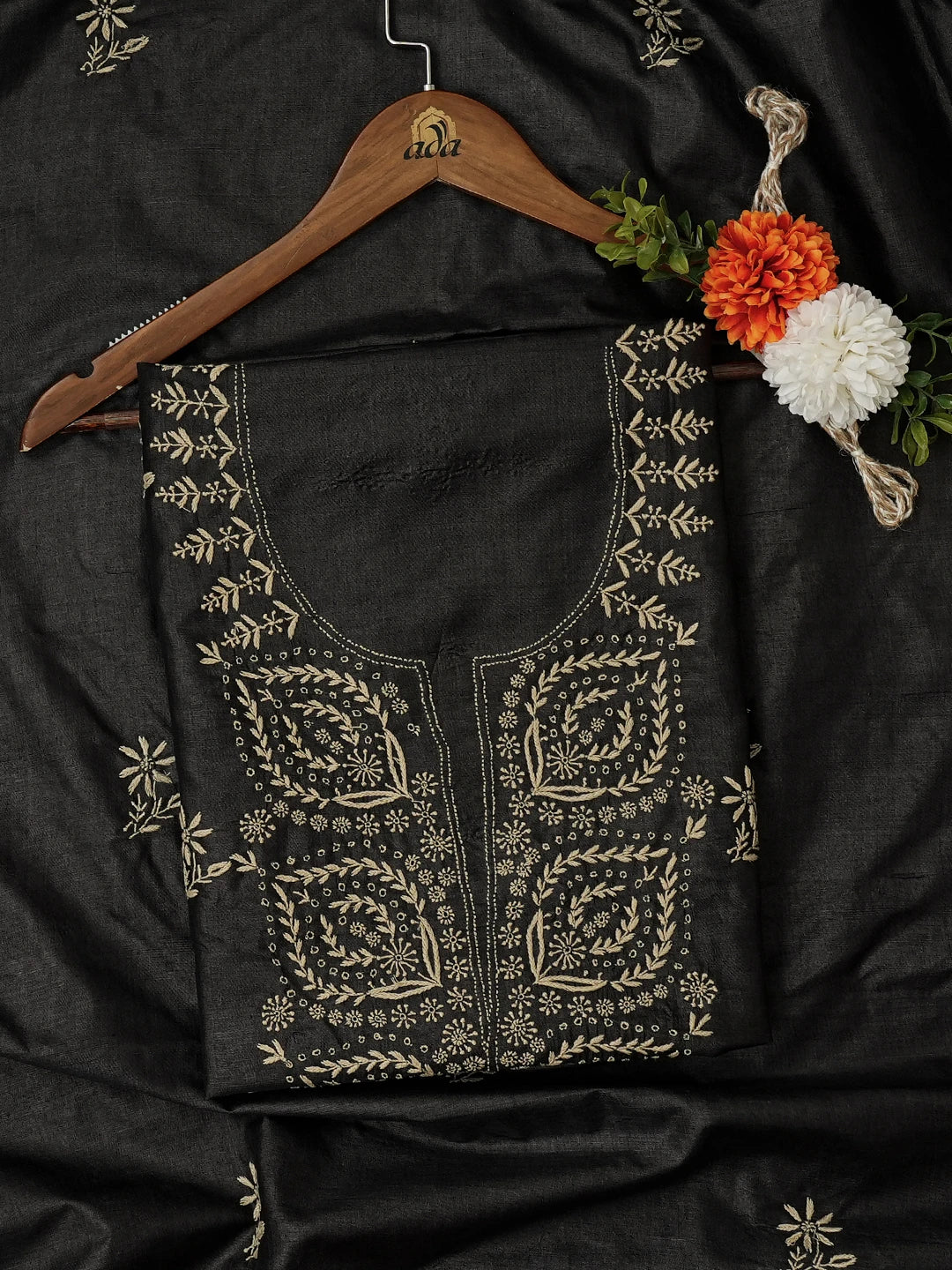 Ada Hand Embroidered Black Silk Lucknowi Chikankari Unstitched Kurta Dupatta Set 01A705387