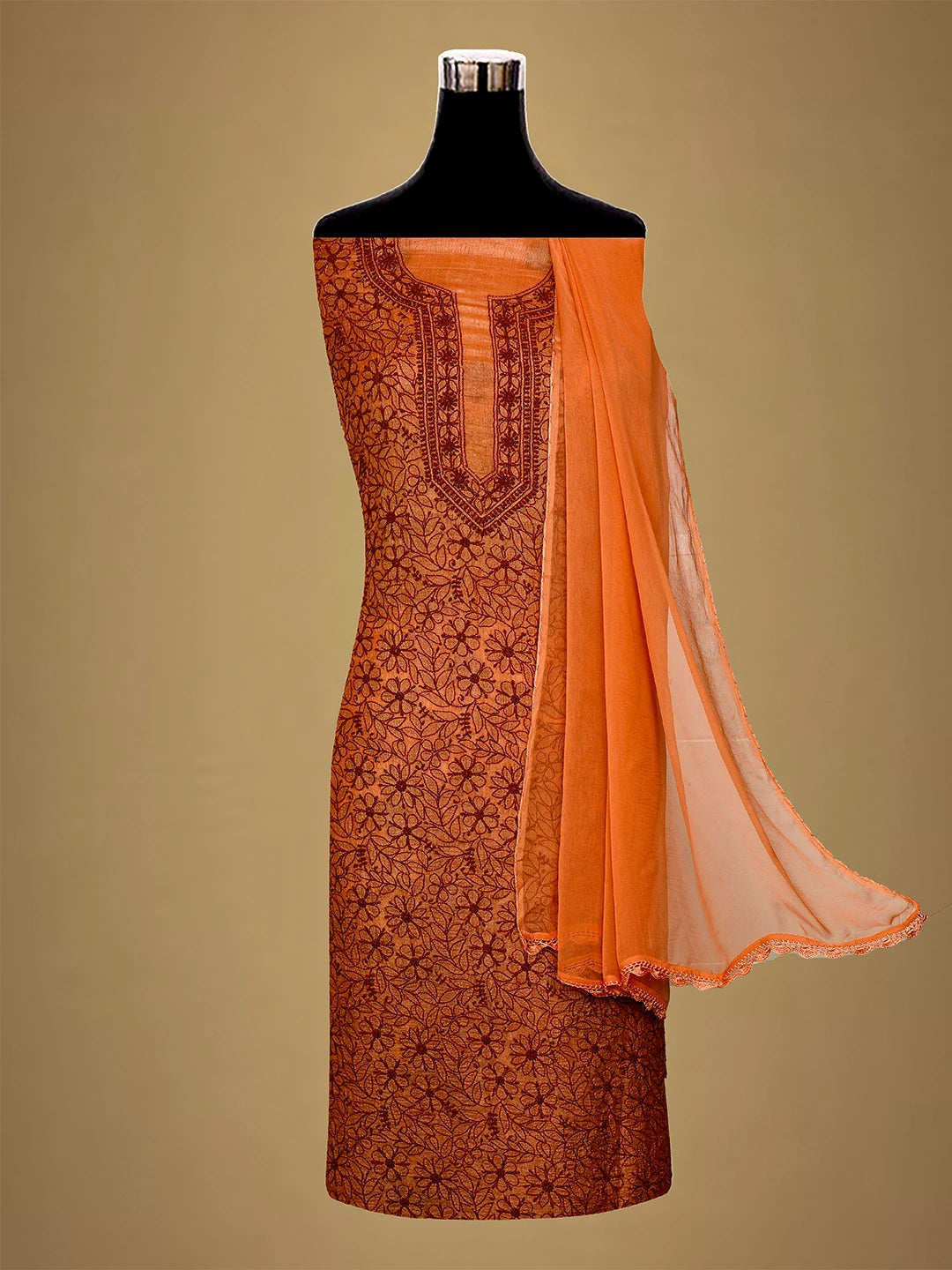 Ada Hand Embroidered Rust Silk Lucknowi Chikankari Unstitched Suit Piece 01A511872