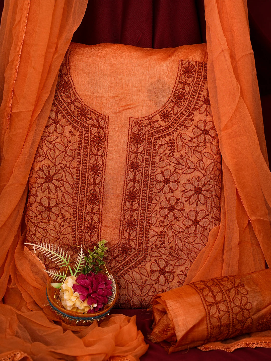 Ada Hand Embroidered Rust Silk Lucknowi Chikankari Unstitched Suit Piece 01A511872