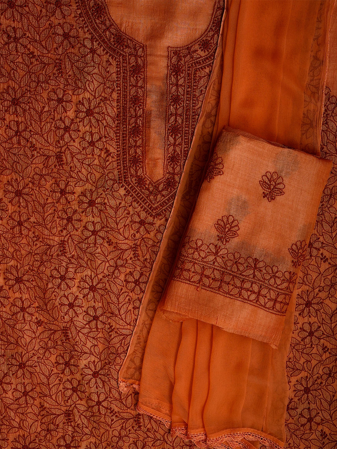 Ada Hand Embroidered Rust Silk Lucknowi Chikankari Unstitched Suit Piece 01A511872