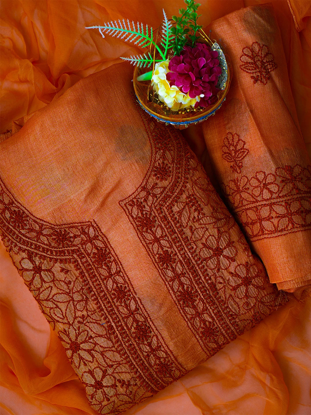 Ada Hand Embroidered Rust Silk Lucknowi Chikankari Unstitched Suit Piece 01A511872