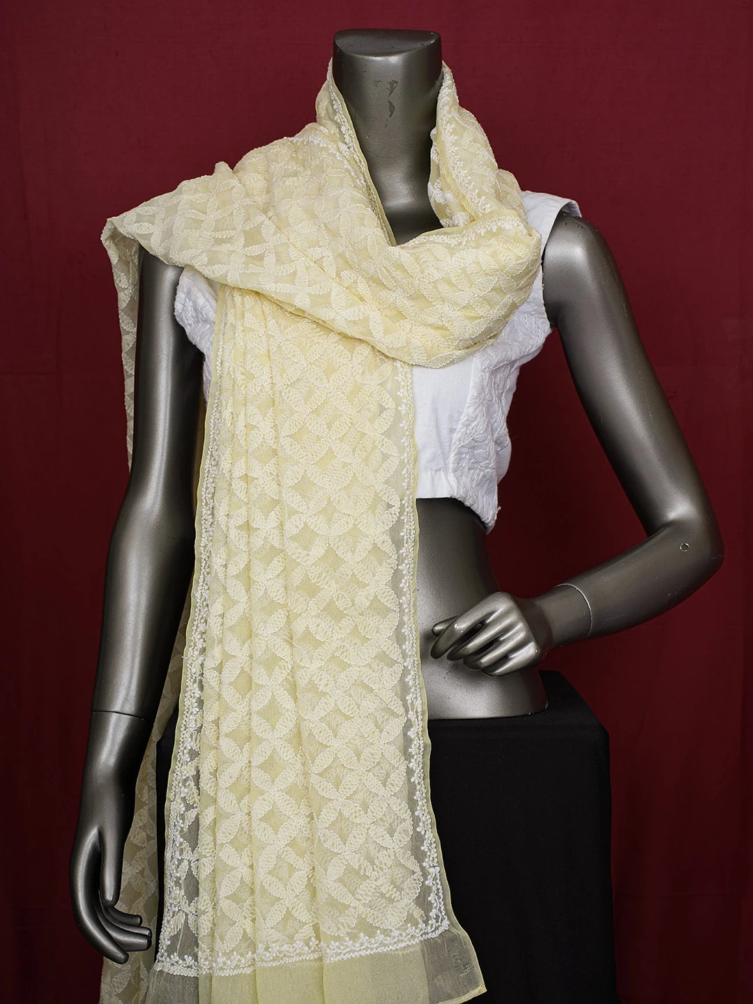 Ada Hand Embroidered Lemon Yellow Georgette Lucknowi Chikankari Dupatta 01A165045