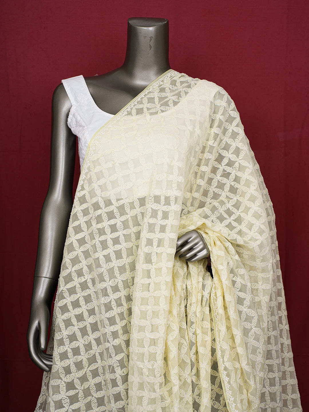 Ada Hand Embroidered Lemon Yellow Georgette Lucknowi Chikankari Dupatta 01A165045
