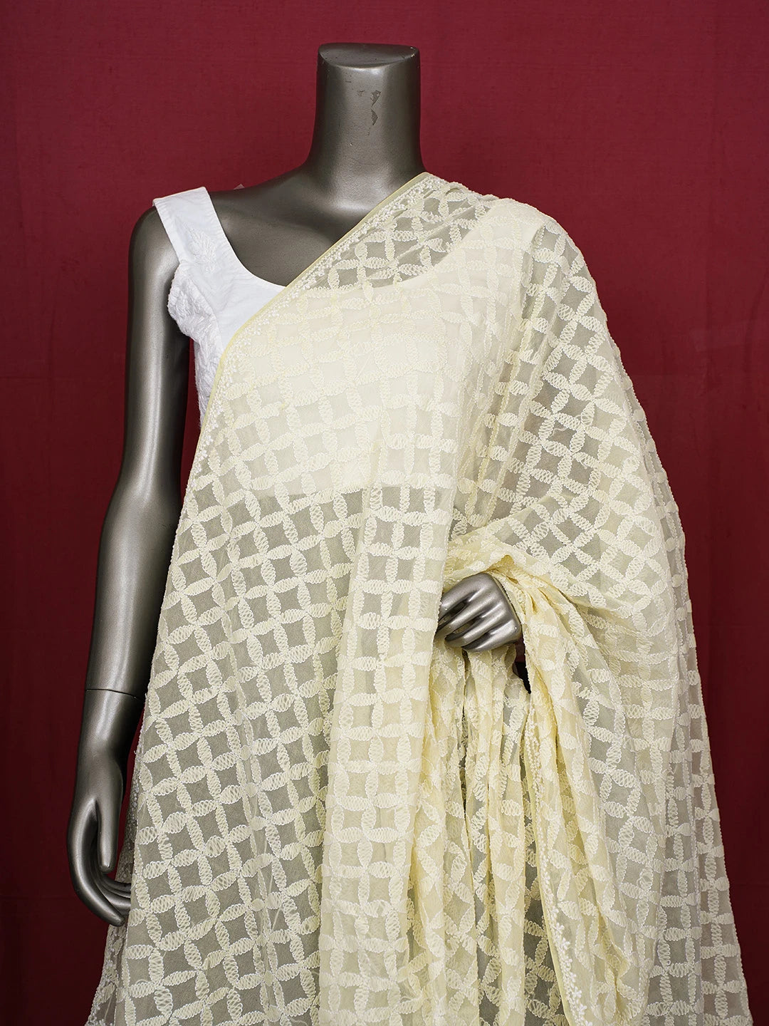 Ada Hand Embroidered Lemon Yellow Georgette Lucknowi Chikankari Dupatta 01A165045