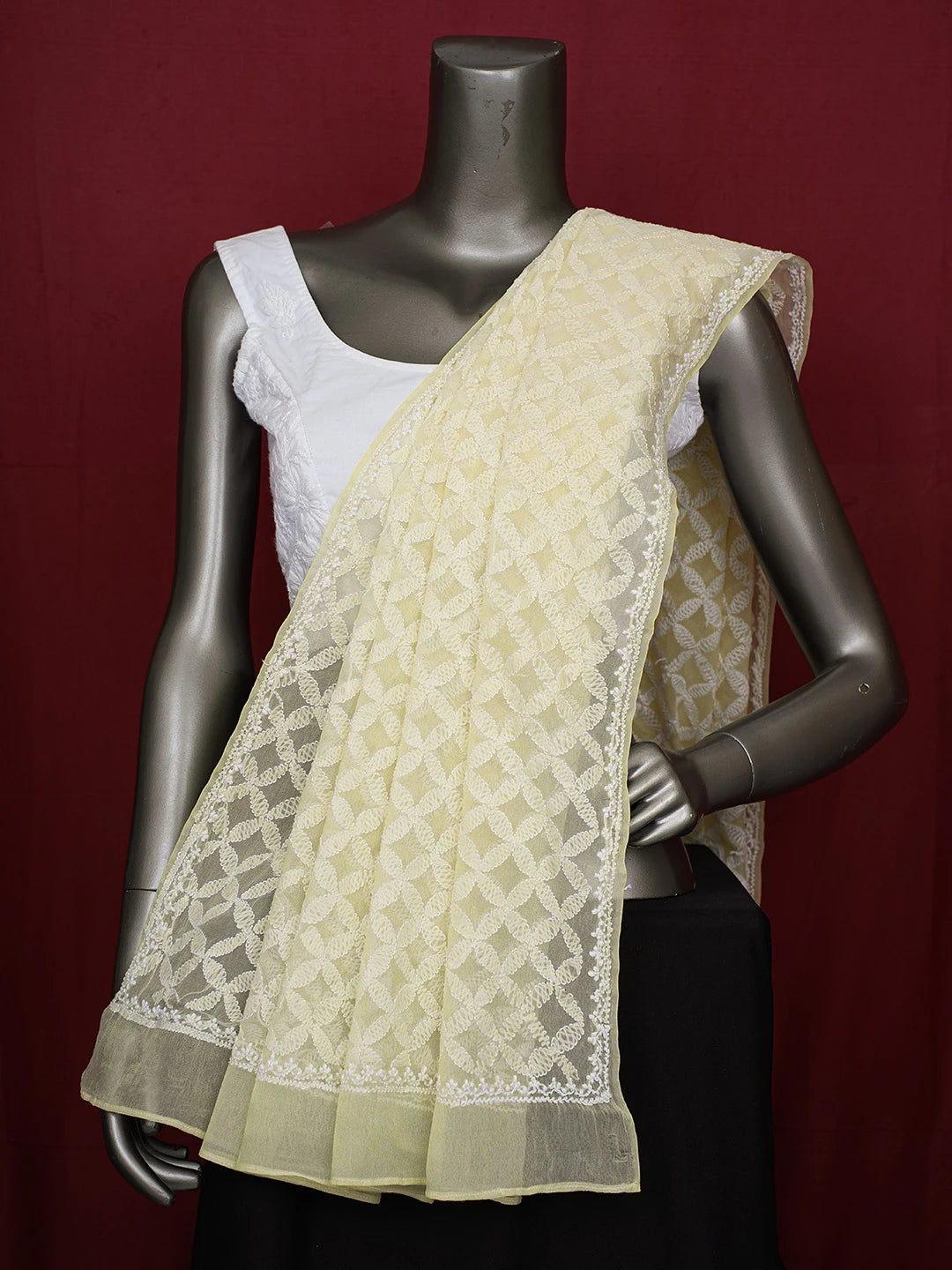 Ada Hand Embroidered Lemon Yellow Georgette Lucknowi Chikankari Dupatta 01A165045