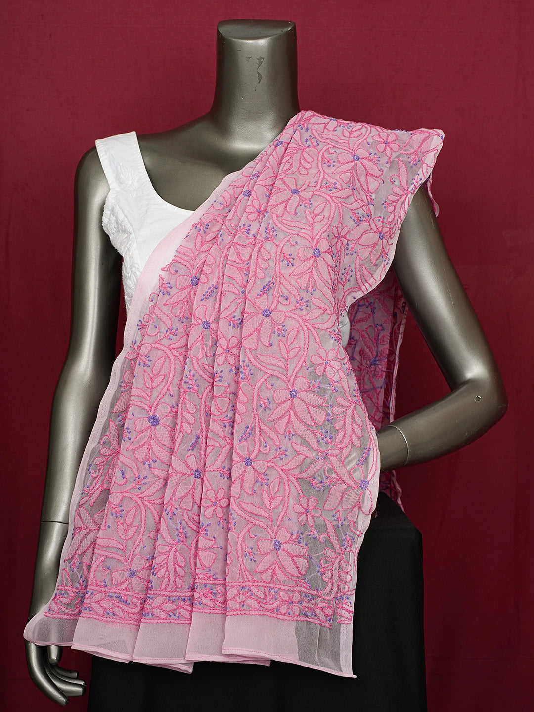 Ada Hand Embroidered Pink Faux Georgette Lucknowi Chikankari Dupatta 01A192706