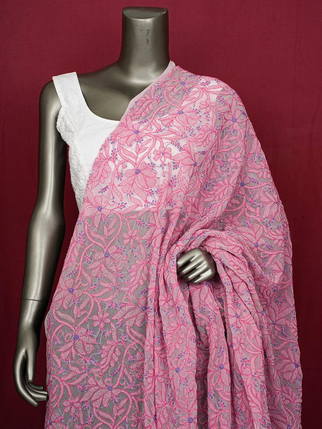 Ada Hand Embroidered Pink Faux Georgette Lucknowi Chikankari Dupatta 01A192706
