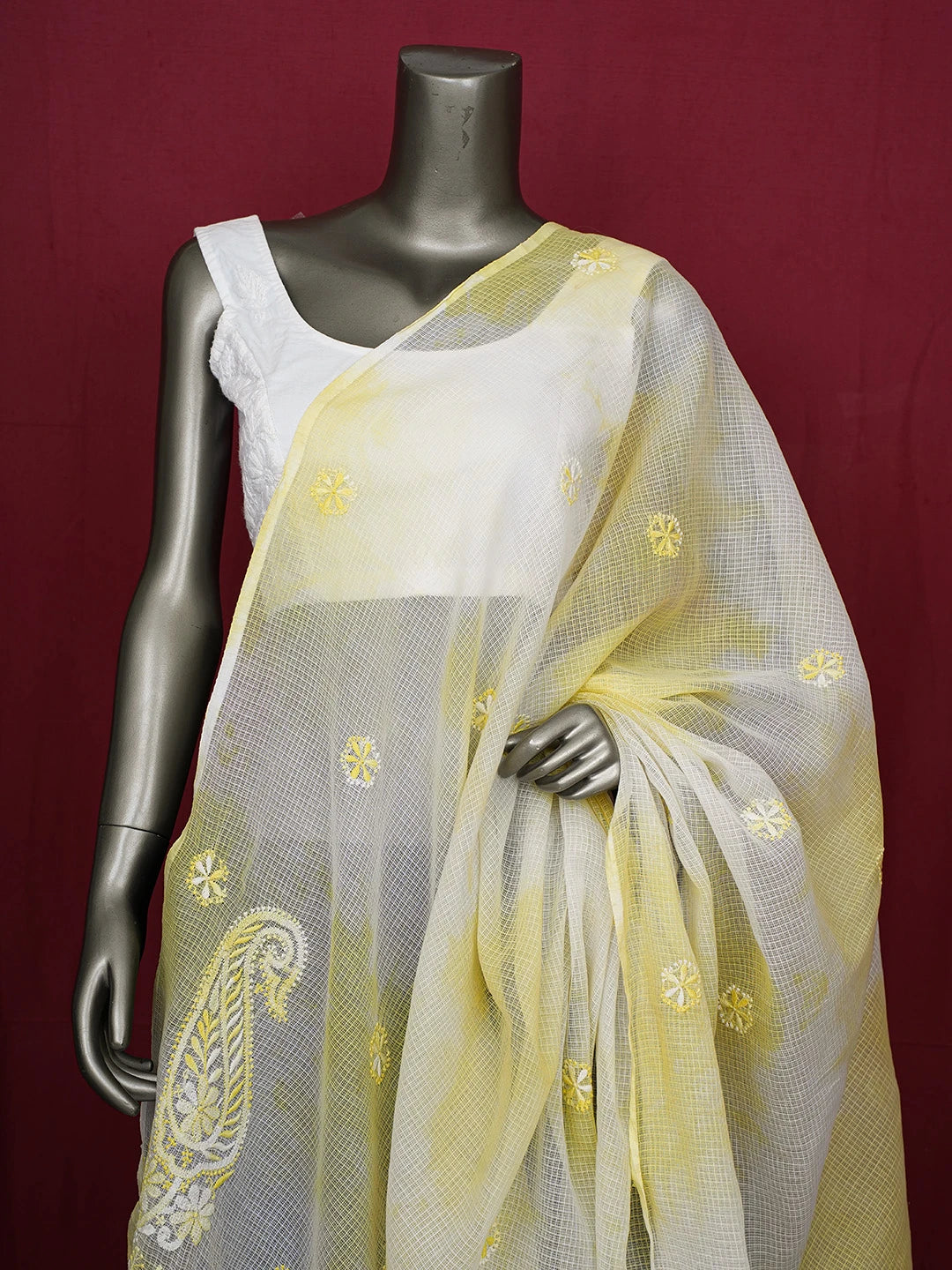 Ada Hand Embroidered White/Yellow Tie & Dye Kota Lucknowi Chikankari Dupatta A612151