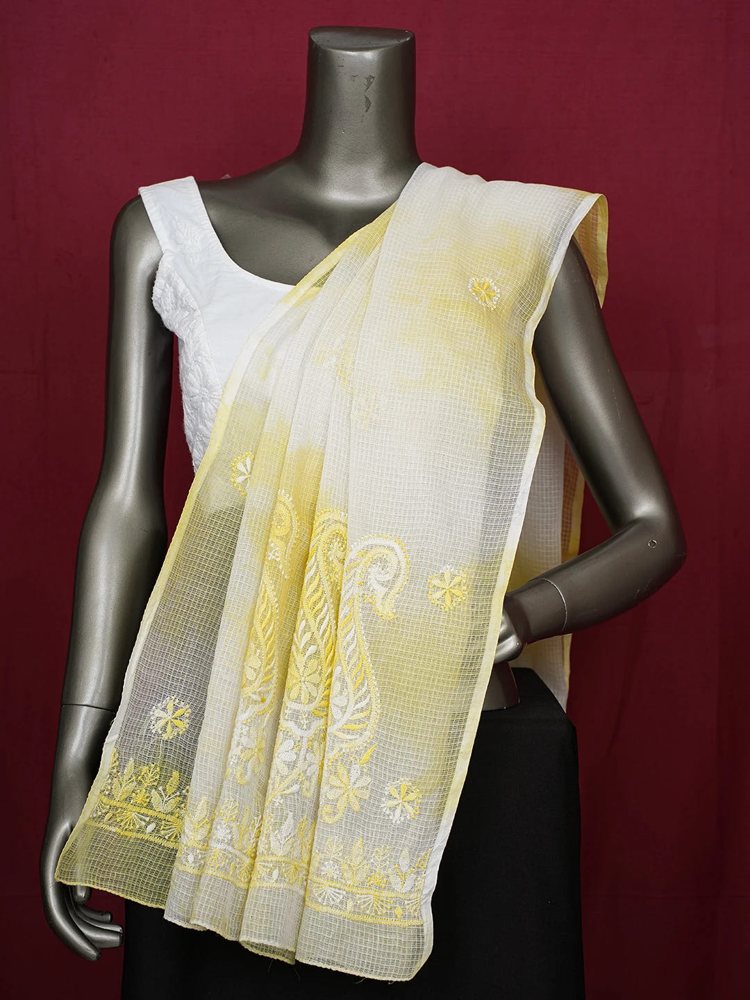 Ada Hand Embroidered White/Yellow Tie & Dye Kota Lucknowi Chikankari Dupatta A612151